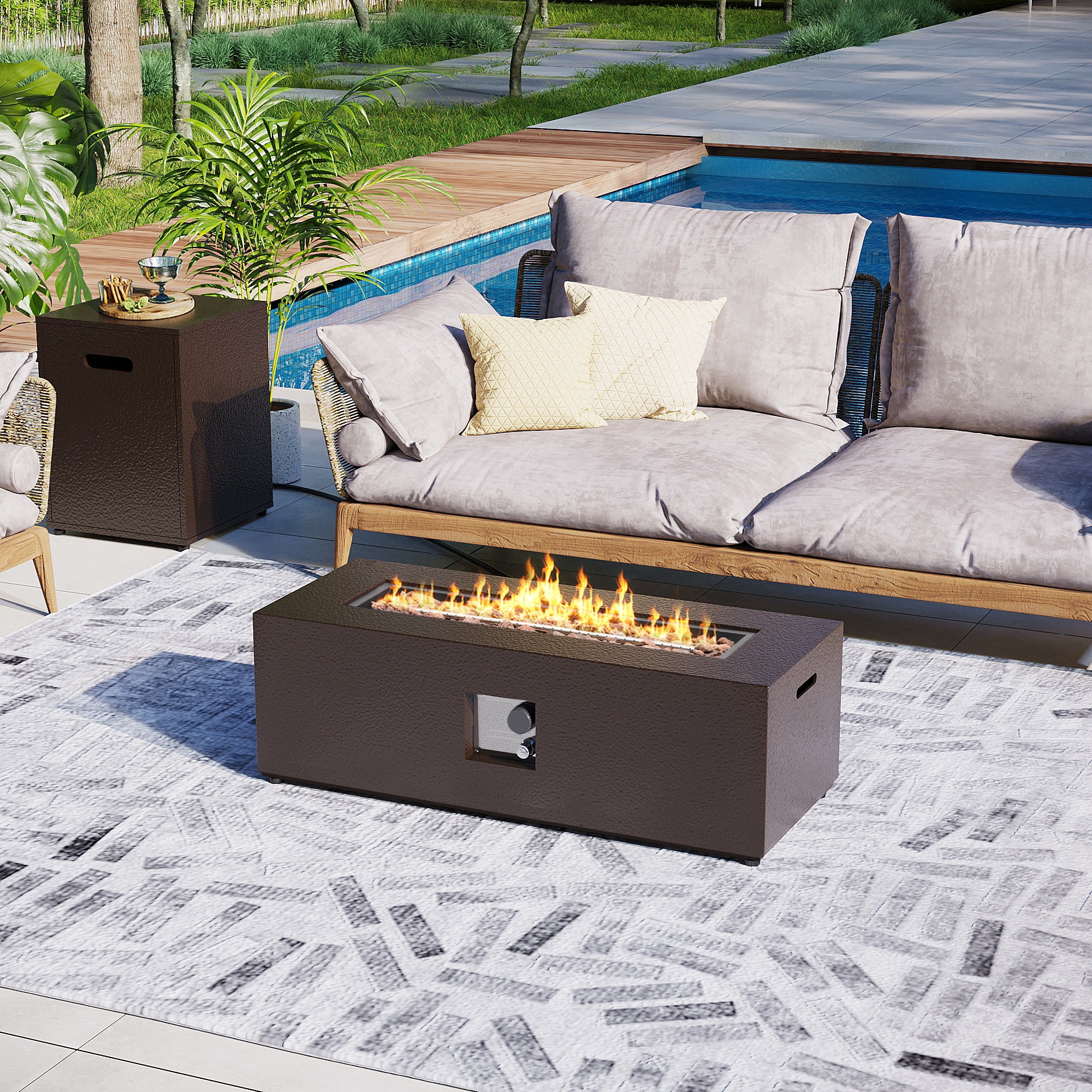 UPHA 42-inch Outdoor Propane Rectangle Fire Pit Table 50000 BTU Iron Gas FirePit for Outside Patio with Tank Cover, Removable Lid, Lava Rocks, Rain Cover, Brown