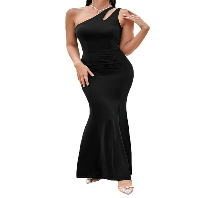 MesaSe Femmes Bodycon Longue Robe d'Été Couleur Unie une Épaule Robe Sans Manches Plage Partie Robe de Bal Vin Rouge L