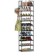 10 Tier Metal Shoes Rack, BUG HULL Narrow Stackable Shoes Shelf with Hooks, Shoe Tower for 20-24 Pairs Shoe and Boots Organizer, Black