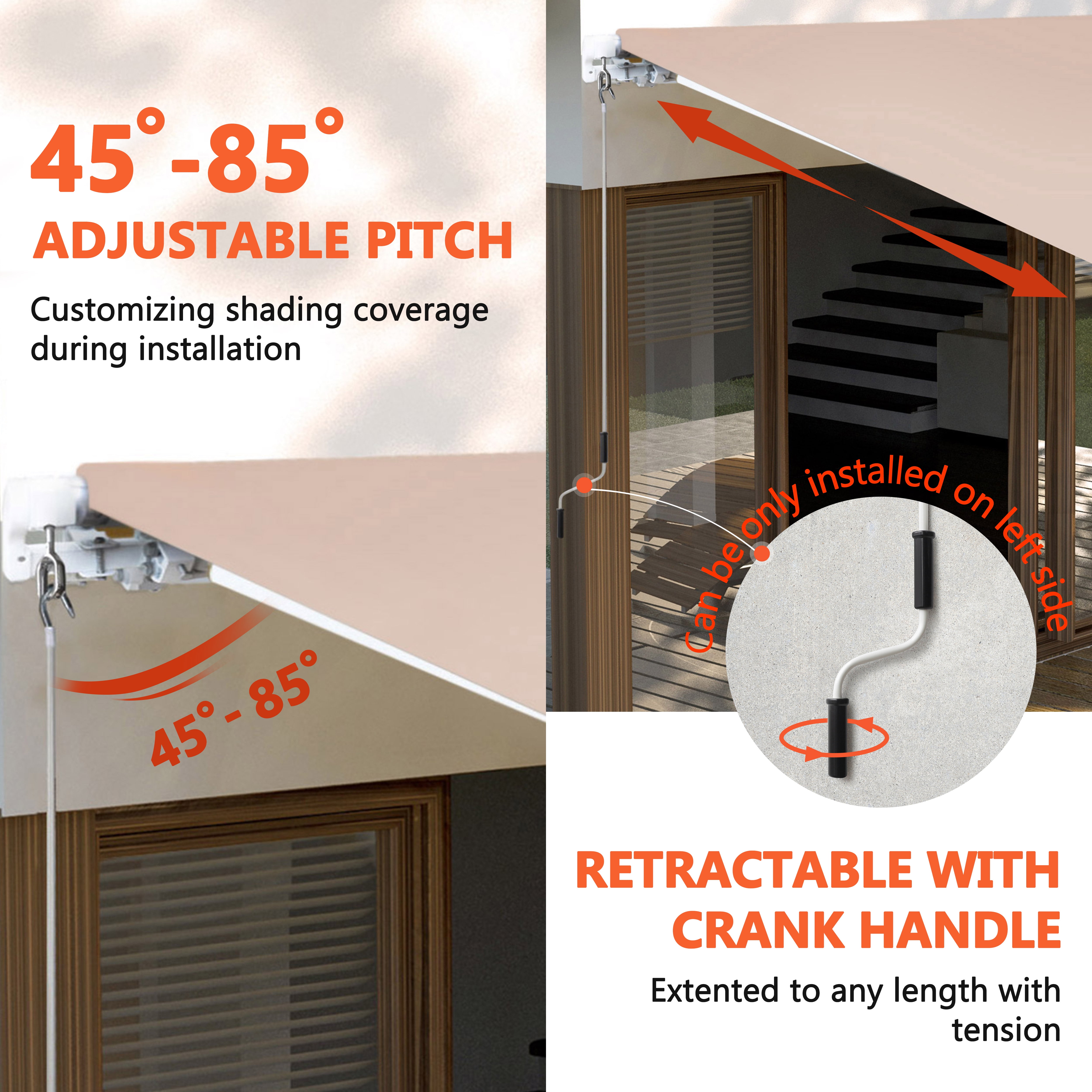 VEIKOUS 12' x 10' Outdoor Awning, Retractable Sun/Rain Shade Awning W/Manual Crank for Patio, Deck, Door, Beige