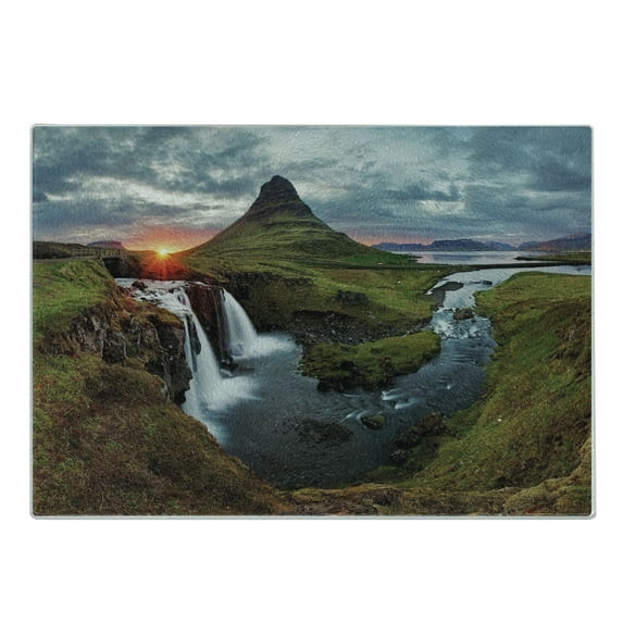 Landscape Cutting Board, Waterfall Landscape at Iceland Sunset Mountain Volcanic Area Natural Beauty Theme, Decorative Tempered Glass Cutting and Serving Board, Small Size, Multicolor, by Ambesonne