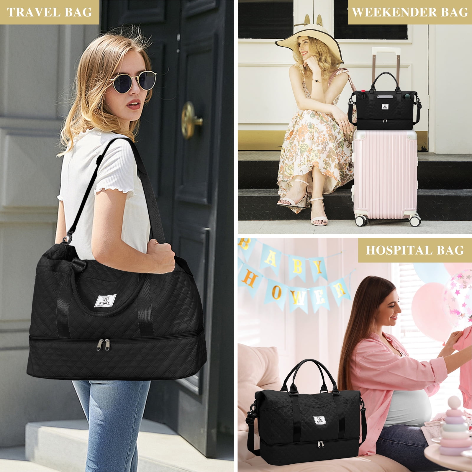 Gynky Travel Duffle Bag Weekender Bags for Women with Shoe Compartment Carry on Overnight Bag Gym Duffel Bag with Wet Pocket Hospital Bags for Labor and Delivery