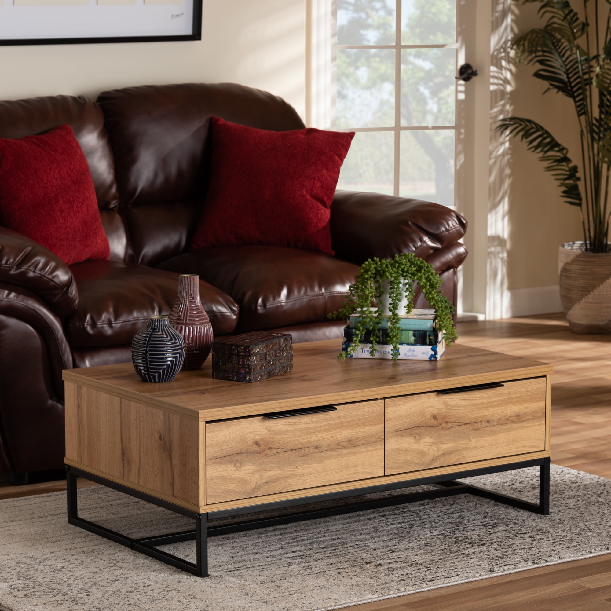Baxton Studio Franklin Contemporary MDF Coffee Table, Oak Brown/Black