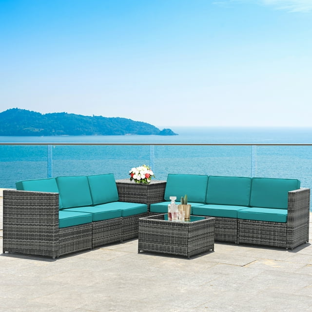 Gymax Ensemble de Mobilier de Conversation Sectionnel en Rotin pour Patio 8 Pcs avec Coussin Turquoise