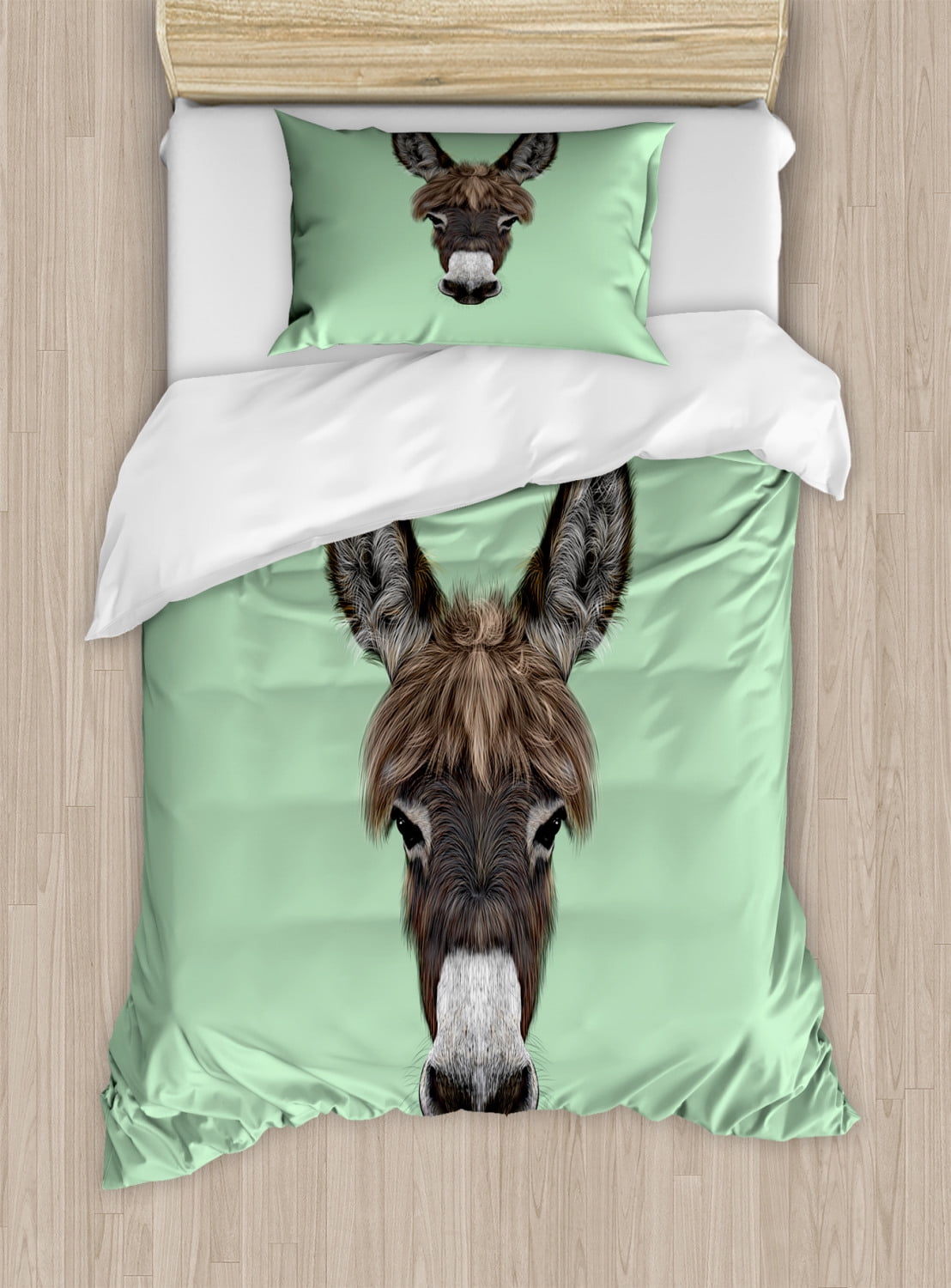 Donkey Duvet Cover Set Twin Size, Illustrated Portrait of a Donkey with