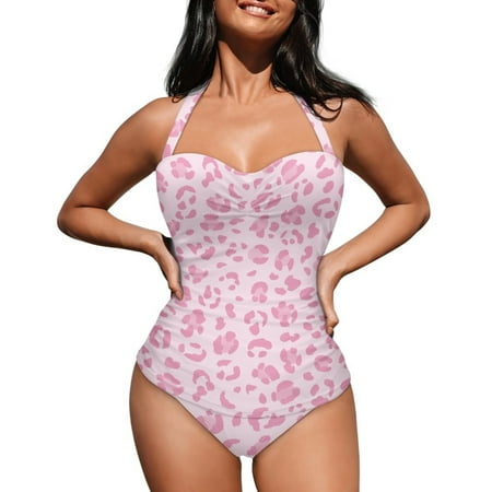 FKELYI Pink Leopard Print Women s Swimwear One Piece Swimsuit with Soft Pad Tummy Control Bathing Suits Halter Beachwear V Neck Monokini for Lady Summer Swimming  M
