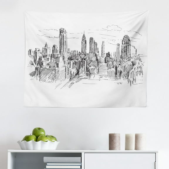 New York Tapestry, Panorama of Manhattan High Buildings of City Famous Monument USA Black and White Photo, Fabric Wall Hanging Decor for Bedroom Living Room Dorm, 2 Sizes, Grey, by Ambesonne