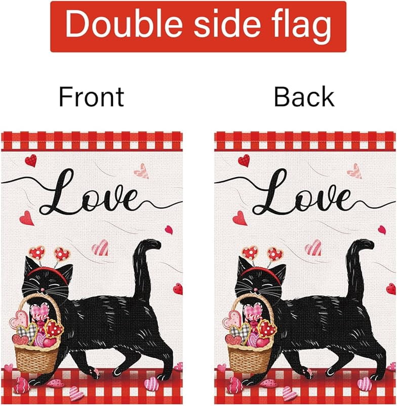 Valentines Day Garden Flag Double Sided, Small Burlap Welcome Black Cat Spring Garden Yard Flags Love Heart for Anniversary Wedding Valentines House Outdoor Decor (ONLY FLAG)
