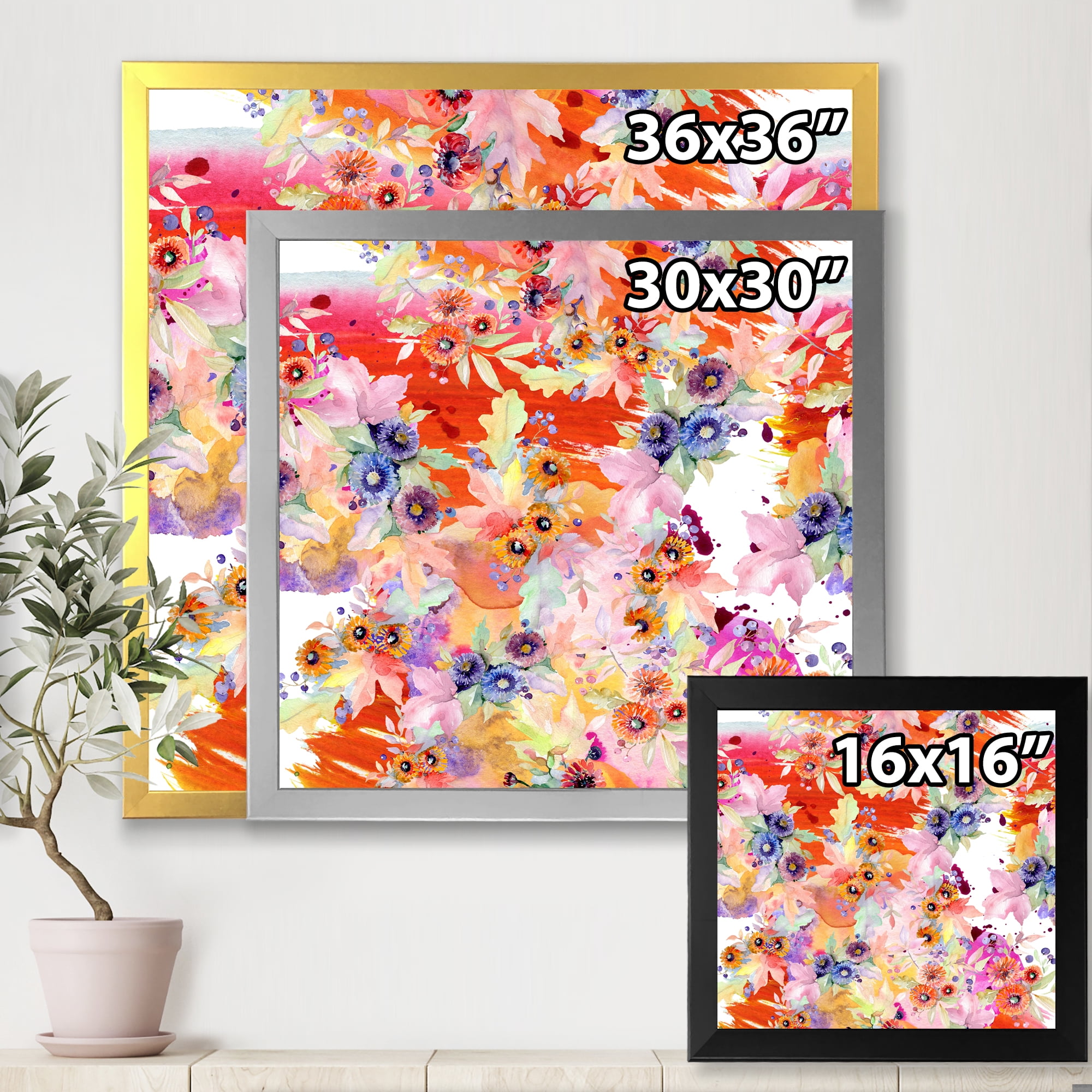Wildflowers and Vibrant Wild Spring Leaves VI 16 in x 16 in Framed Painting Canvas Art Print, by Designart