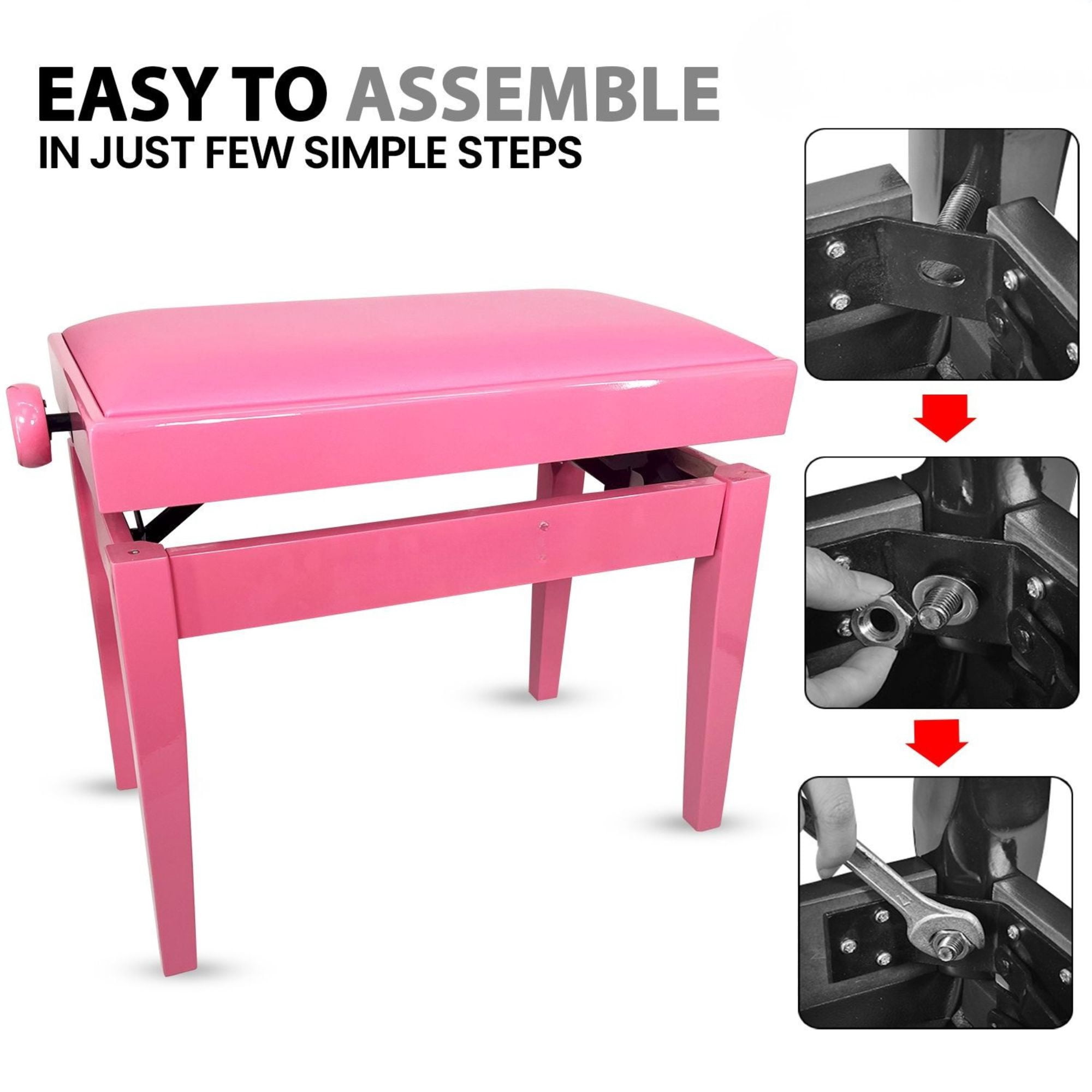 Adjustable Piano Bench - Padded Solid Wood Keyboard Stool (18"-22") - Pink