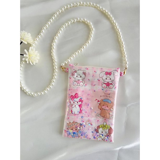 Monedero para teléfono móvil con estampado de dibujos animados de Mikko, con lentejuelas y arena movediza, cadena de perlas, bolso de almacenamiento cruzado, regalo, decoración exterior