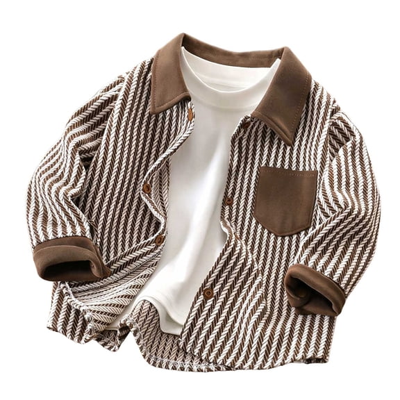 Nilvkv Boys Winter Jacket, Toddler Sweatshirt, Chevron Striped Print Collared Button Down Shacket Long Sleeve Casual Top Outerwear Brown 5-6 Years Brown 5-6 Years