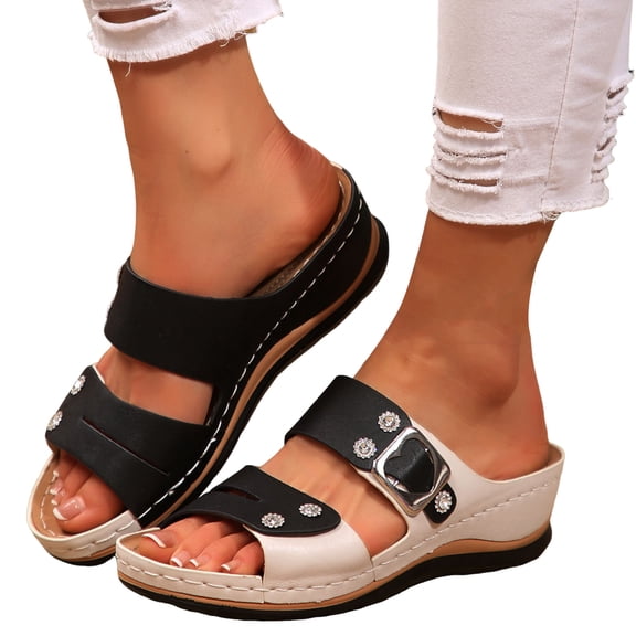 Rokment Vintage Rhinestones Orthopedic Platform Wedges Slides Sandals for Women Beach Summer Sparkly Buckles Color Block Leather Casual Dress Walking Slip on Slippers Black Size 6