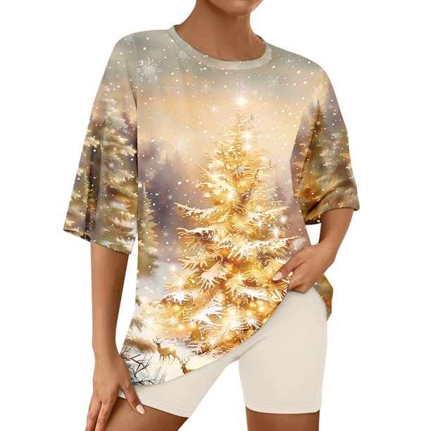 Puntoco Ropa de dormir para mujer Conjunto de camiseta y pantalones cortos de manga corta con cuello redondo y estampado navideño para mujer Ropa de estar por casa