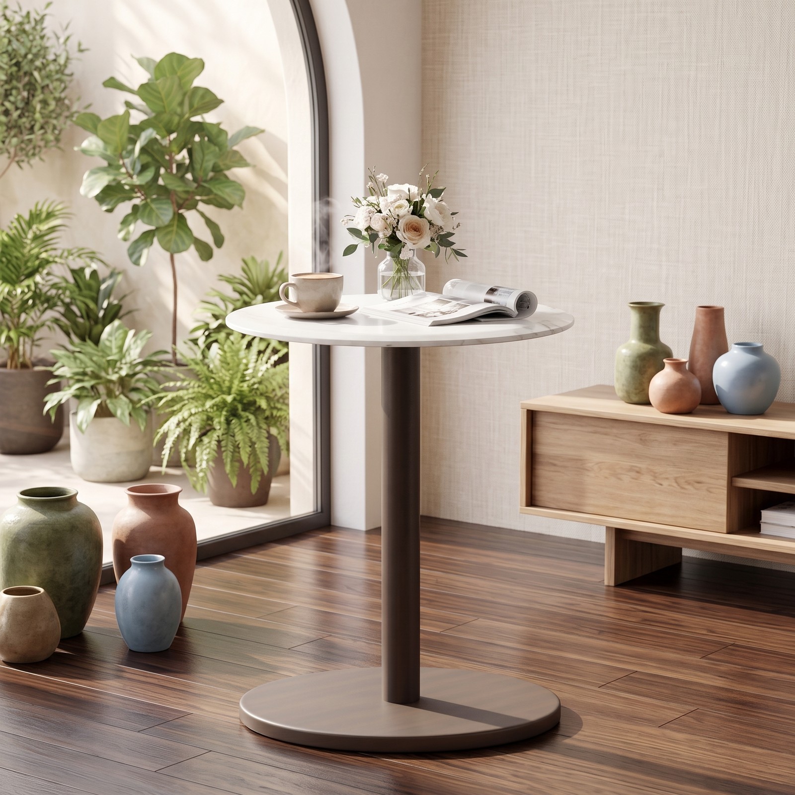 Furnibear Round Marble Side Table, Pedestal End Table with Genuine Stone Top and Solid Wood Base, Waterproof Accent Nightstand for Living Room Bedroom, White & Black