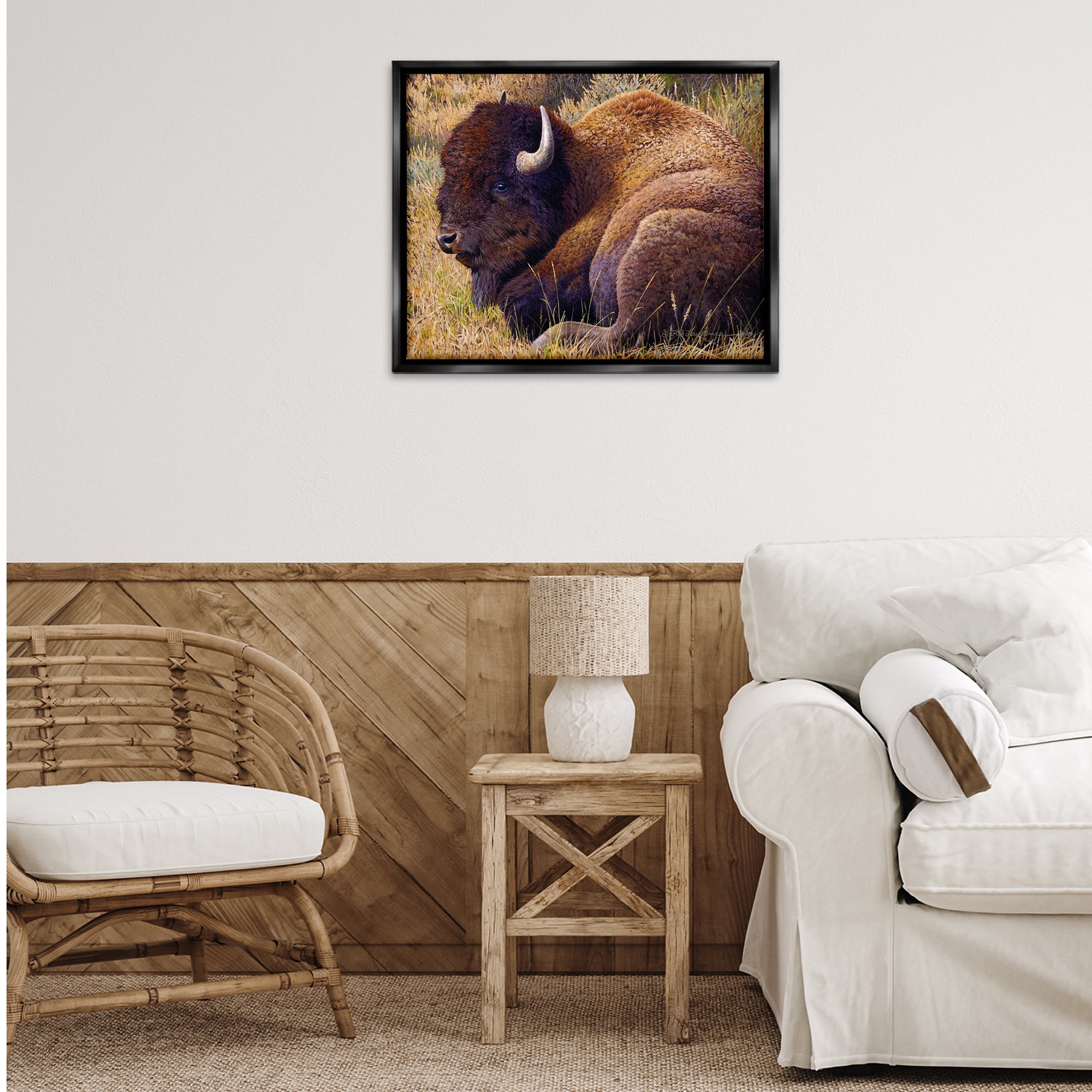 Stupell Industries Relaxing Young Bison Animals Painting Black Floater Framed Canvas Art Print Wall Art, 31 x 25