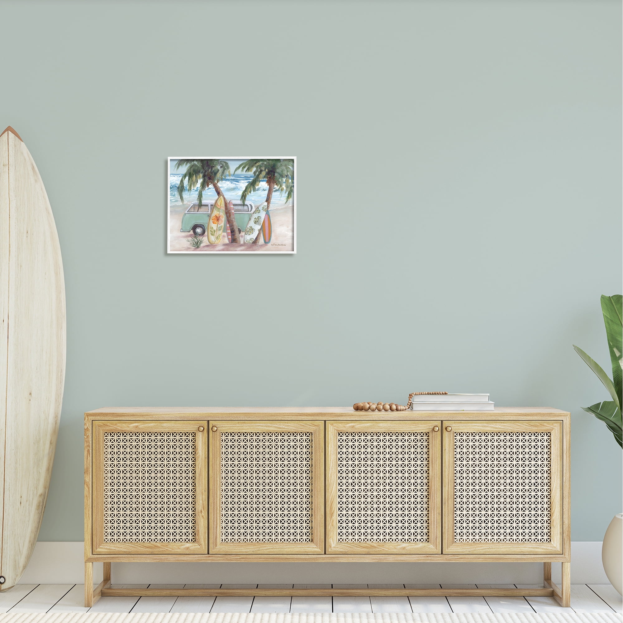 Stupell Summer Waves Tropical Van Surfboards Landscape Painting White Framed Art Print Wall Art