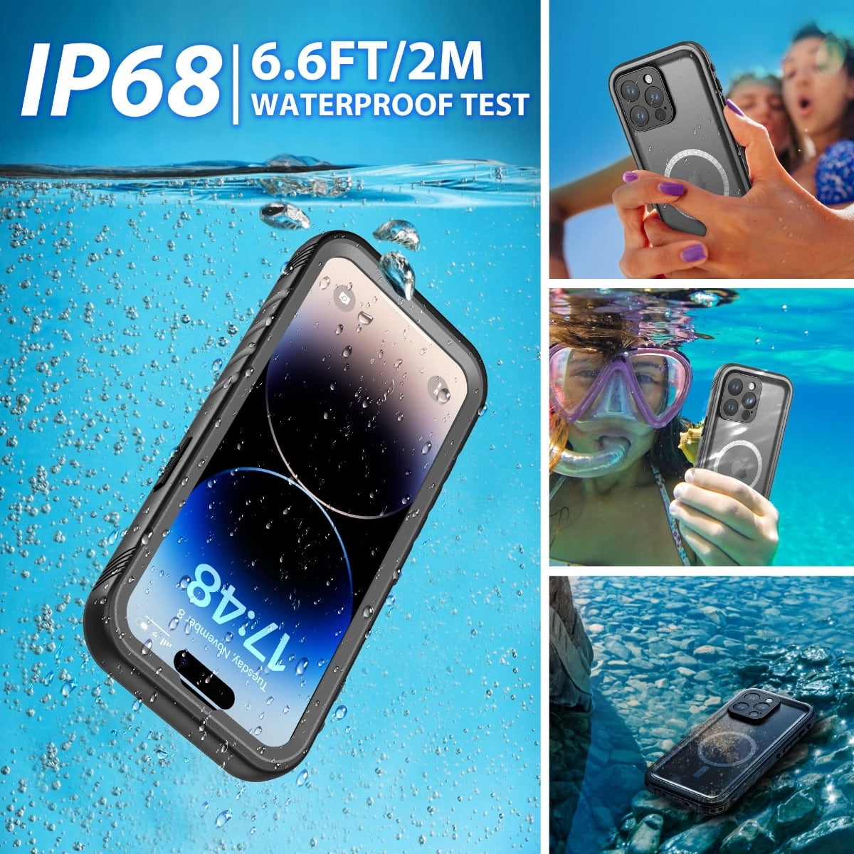 SPORTLINK Magnetic Case for iPhone 14 Pro Compatible with MagSafe IP68 Waterproof Full Body Heavy Duty Military Shockproof Dropproof 360 Sealed Rugged Cover - Black