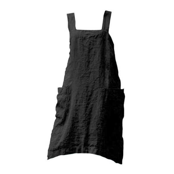 Delantal de lino suave con bolsillo grande, delantal de cocina para jardinería con espalda cruzada para pintar Negro
