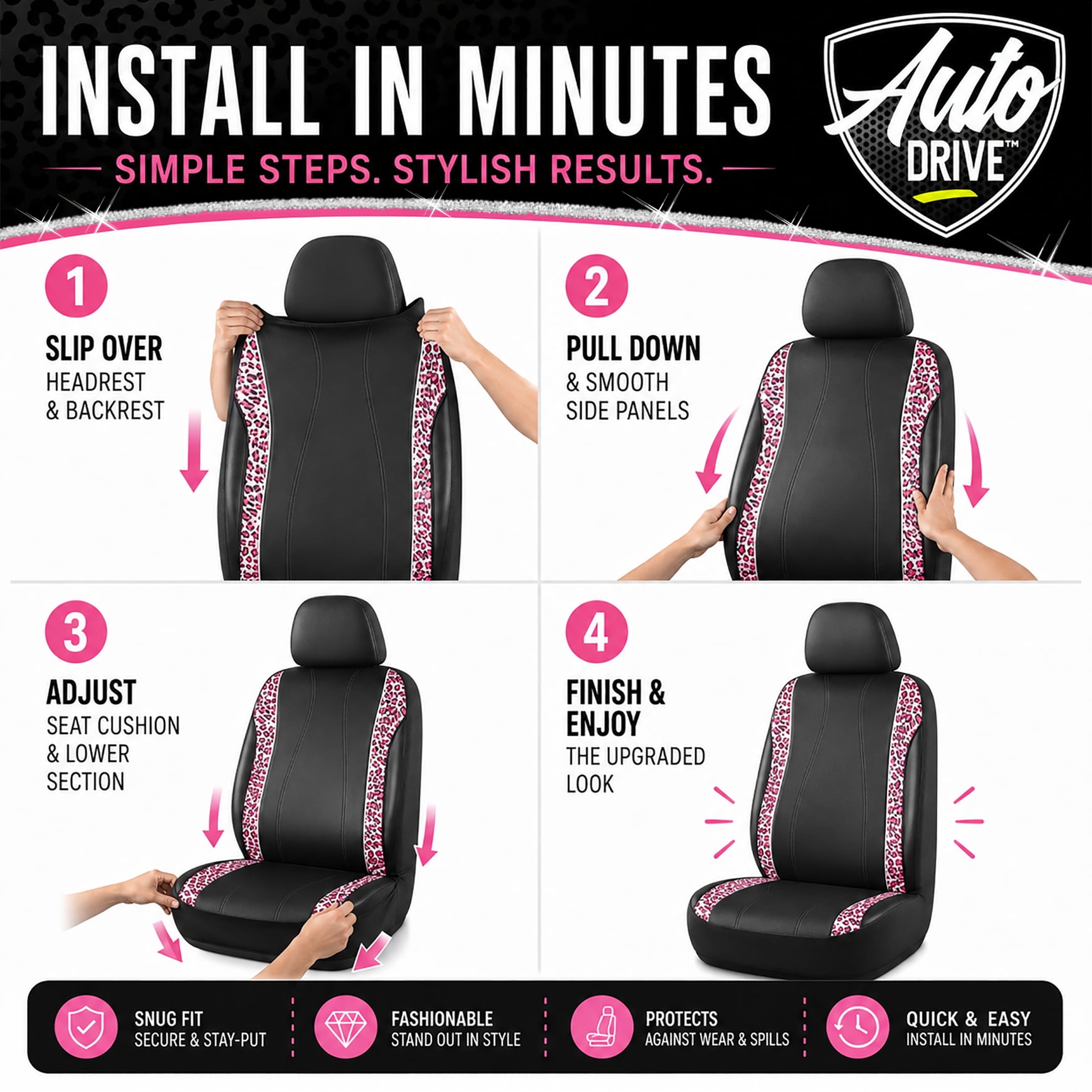 Auto Drive Car Seat Covers, Pink Leopard Print Car Seat Covers with Rhinestone Trim, Fashion Front Seat Covers, Universal Fit, Airbag Compatible for Cars, SUVs and Trucks.