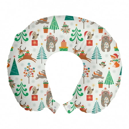 Christmas Travel Pillow Neck Rest, Baby Kids Theme Xmas Cartoon Pattern Bear Deer Owl Birds Tree Snowflakes Image, Memory Foam Traveling Accessory Airplane and Car, 12", Multicolor, by Ambesonne
