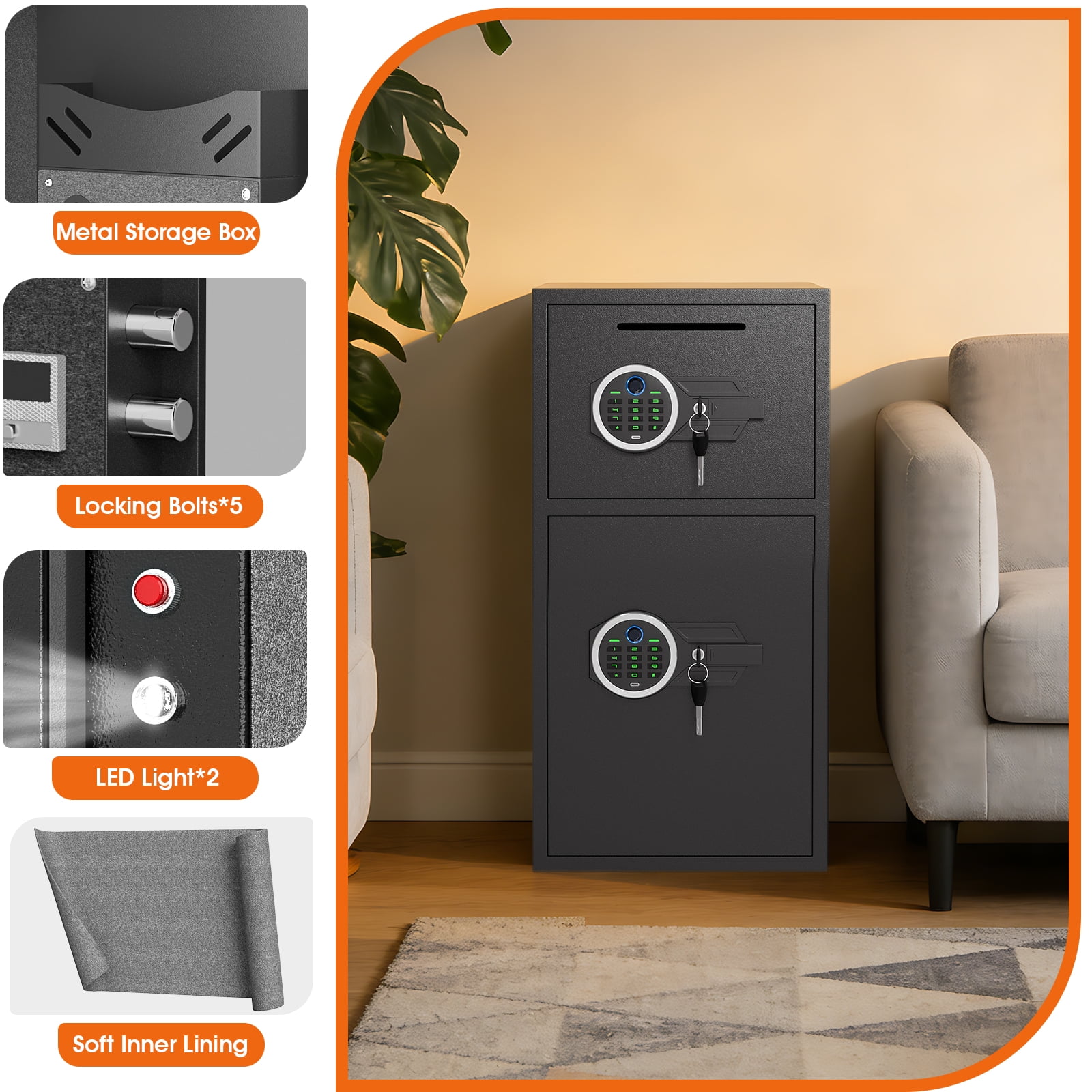 6.0 Cuft Extra Large Home Safe Box Fireproof Waterproof, Fingerprint Safe, Home Security Safes Box with Adjustable Shelf & Deposit Slot, Money Safes with Backlit Keypad & Dual Alarm for Home Office