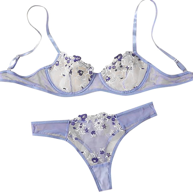WZXFASHION Sweet And Sexy Low Waist Lace Embroidery Mesh See Through Sexy Lingerie Set Intimates Purple M