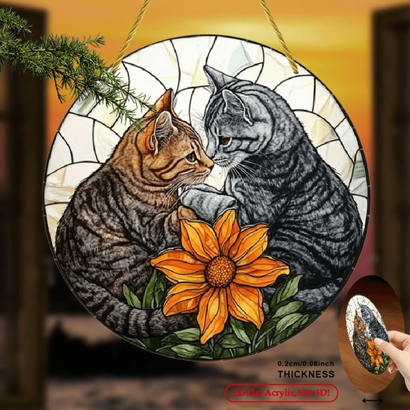 1pc 2D Flat Acrylic Suncatcher - Two Cats & Sunflower Stained Art, Indoor_Outdoor Hanging Decor for Porch, Bedroom, Office, Patio No Electricity Needed, Perfect Gift for Cat Lovers, Cat Decor  8*8inch
