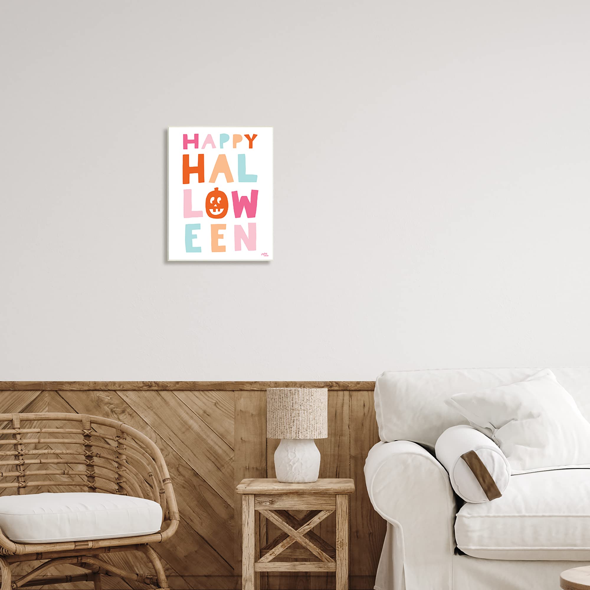Stupell Industries Pastel Happy Halloween Text Whimsical Pumpkin Motif Graphic Art Unframed Art Print Wall Art, Design by Jess Baskin
