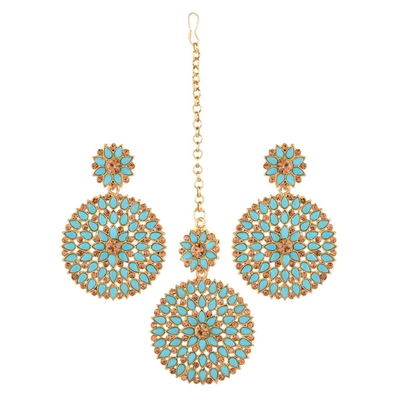 Efulgenz Indian Maang Tikka Earrings Set Bollywood Crystal Kundan Faux Pearl Head Chain Big Dangle Earrings Jewelry Set, Blue