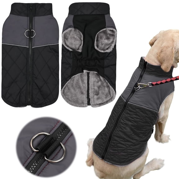 Fashion Reflective Dog Coat, Winter Warm Fleece Lined Pet Jacket for Cold Weather, Adjustable Dog Vest for Small Medium Large Dogs Cats, Black