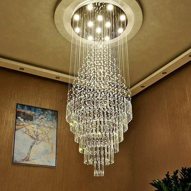 Luxury Large Foyer Chandelier Modern 12 Lights Crystal Round Raindrop Flush Mount Ceiling Light Fixture Chrome Lighting For Entryway Staircase Of Crystop Com Luxury Large Foyer Chandelier Modern, Large Foyer Crystal Chandeliers
