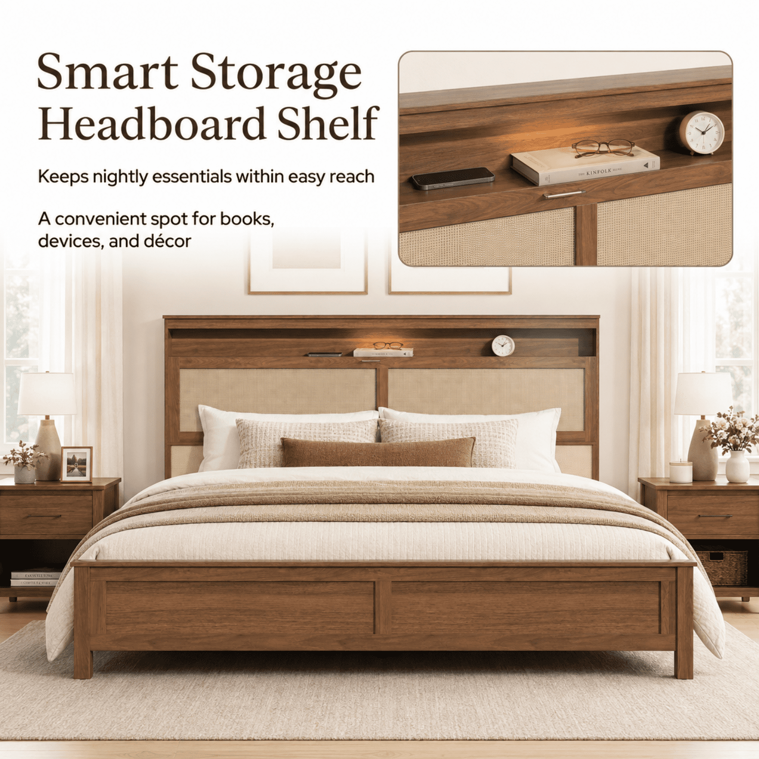 Miniyam King Bed Frame with Storage Headboard, LED Light and Charging Station, Cane-Inspired Platform Bed, Brown