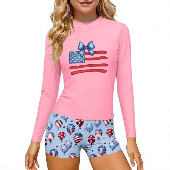 Guluxicc 4th of July Girls' Rash Guard 2 Pieces Swimsuits Long Sleeve Boy Shorts Flag Graphic Independence Day Bathing Suit