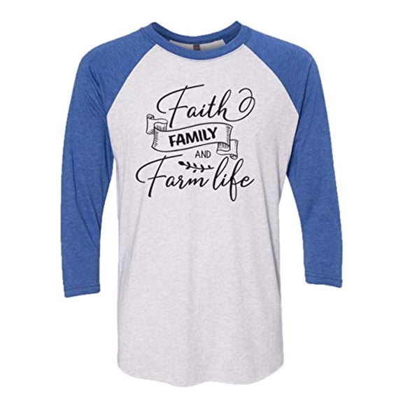 Christian Faith Family and Farm Life Ladies Baseball Tee-Royal/Heather White-Large