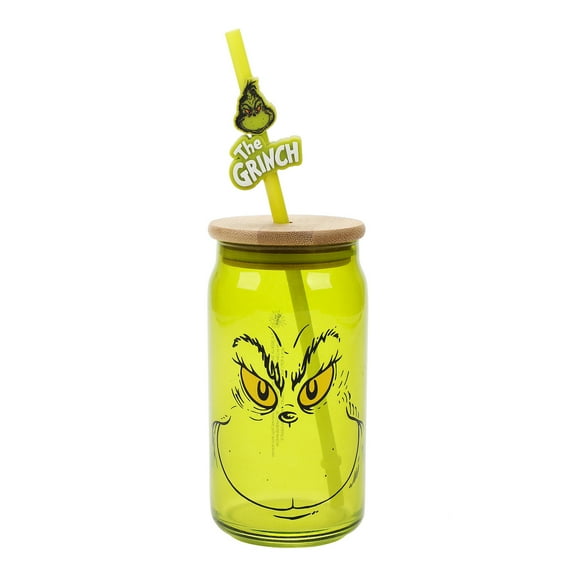 The Grinch Big Face 15 Oz Green Glass Bottle With Straw & Lid