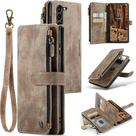 ZUKKASHAN Wallet Case for Samsung Galaxy S23 5G, Premium Handmade PU Leather Phone Case Card Slots Magnetic Closure Zipper Pocket Kickstand Flip Case with Hand Strap