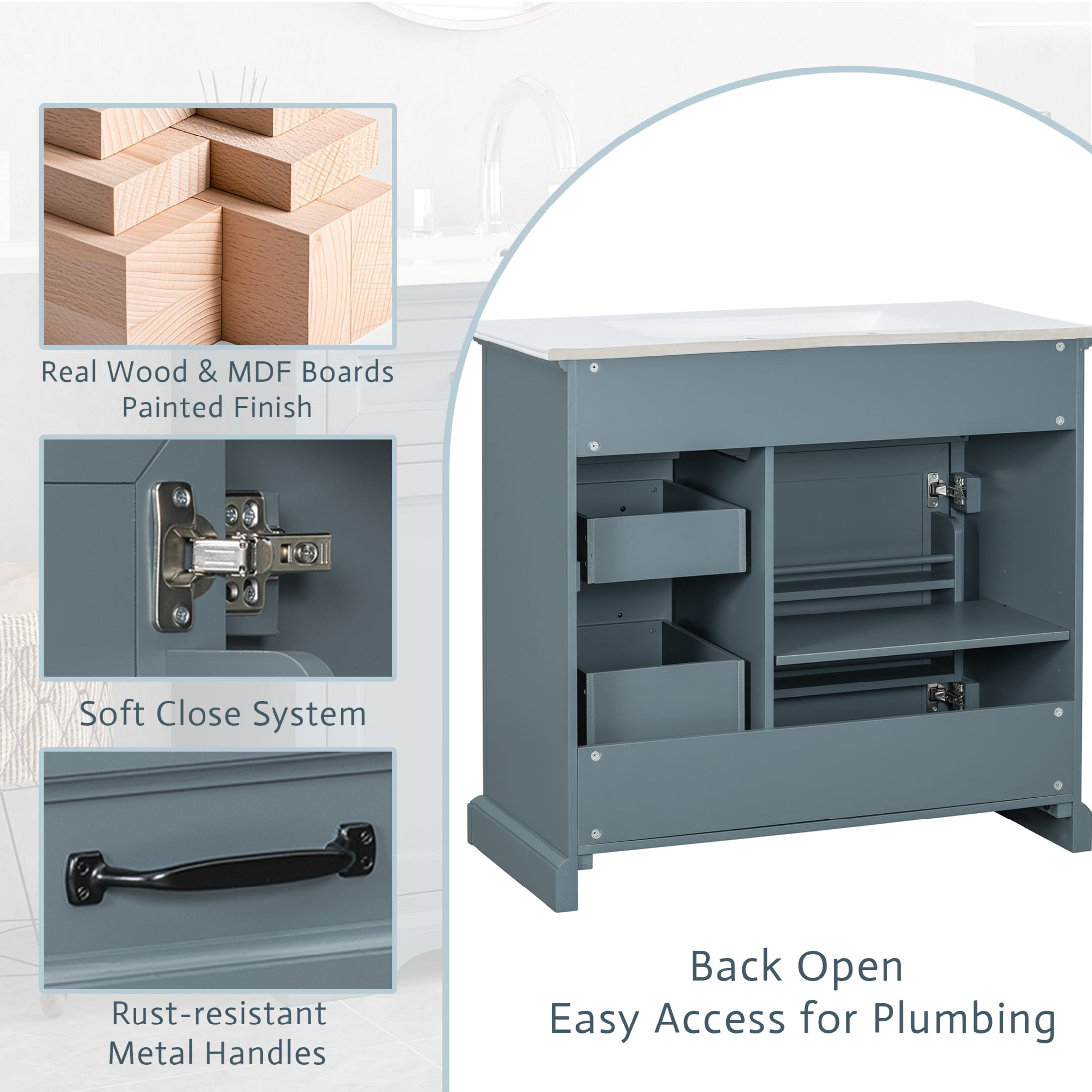 Christopher Knight Home 36" Bathroom Vanity with Sink, Tip-out Drawers, Soft-Close Doors, Livid