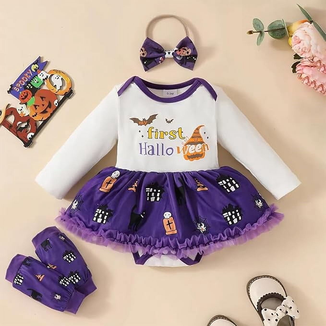 stylesilove Baby Girls My 1st Halloween White Spooky Long Sleeve Romper Dress with Purple Leg Warmers, and Bow Headband 4pcs Outfit (9 Months)