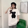 thumbnail image 3 of Women T Shirt Round Neck Embossed Letters Bear Pattern Loose Fit Lady Students Short Sleeve Top for Summer, 3 of 8