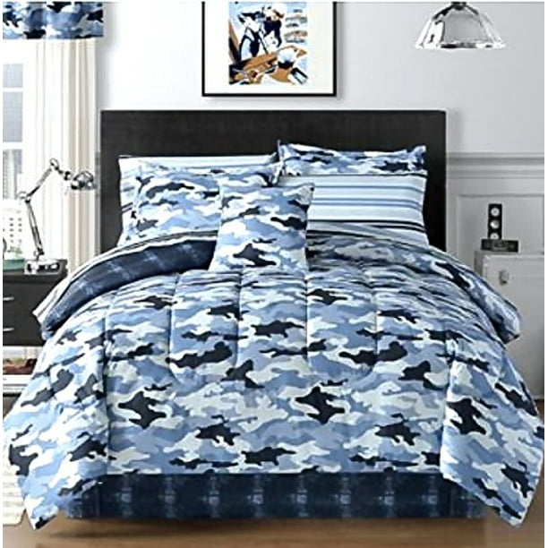 Sky Blue Camouflage Camo Army Boys Twin Comforter Set (6 Piece Bed In A Bag)