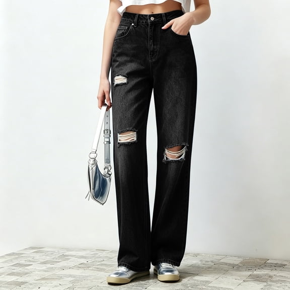 ClodeEU Women's High Waisted Ripped Straight Leg Jeans,Casual Distressed Denim Pants Black,Women's Plus L