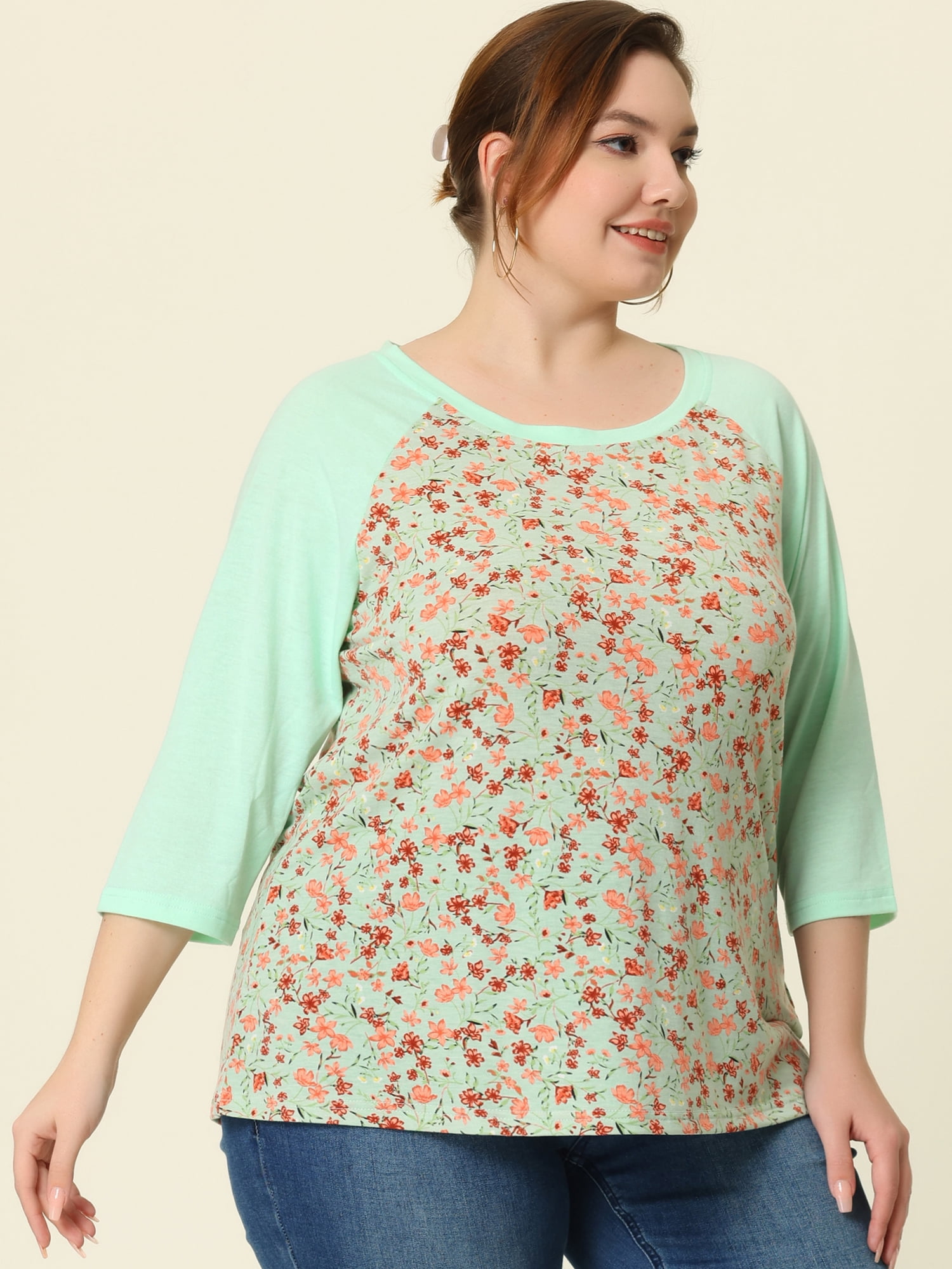 DARING DIVA Women's Plus Size Raglan Crewneck 3/4 Sleeve Floral Tunic Tee 2X Green