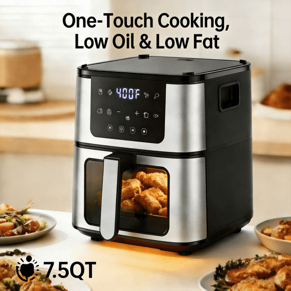 7.5QT 8-in-1 Air Fryer Oven, Cook From Fries to Cake, Digital Touchscreen with 8 Presets, Includes 100 Cooking Liners