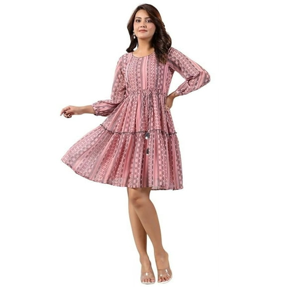 Juniper Peach Geometric Printed Georgette Short Tiered Dress