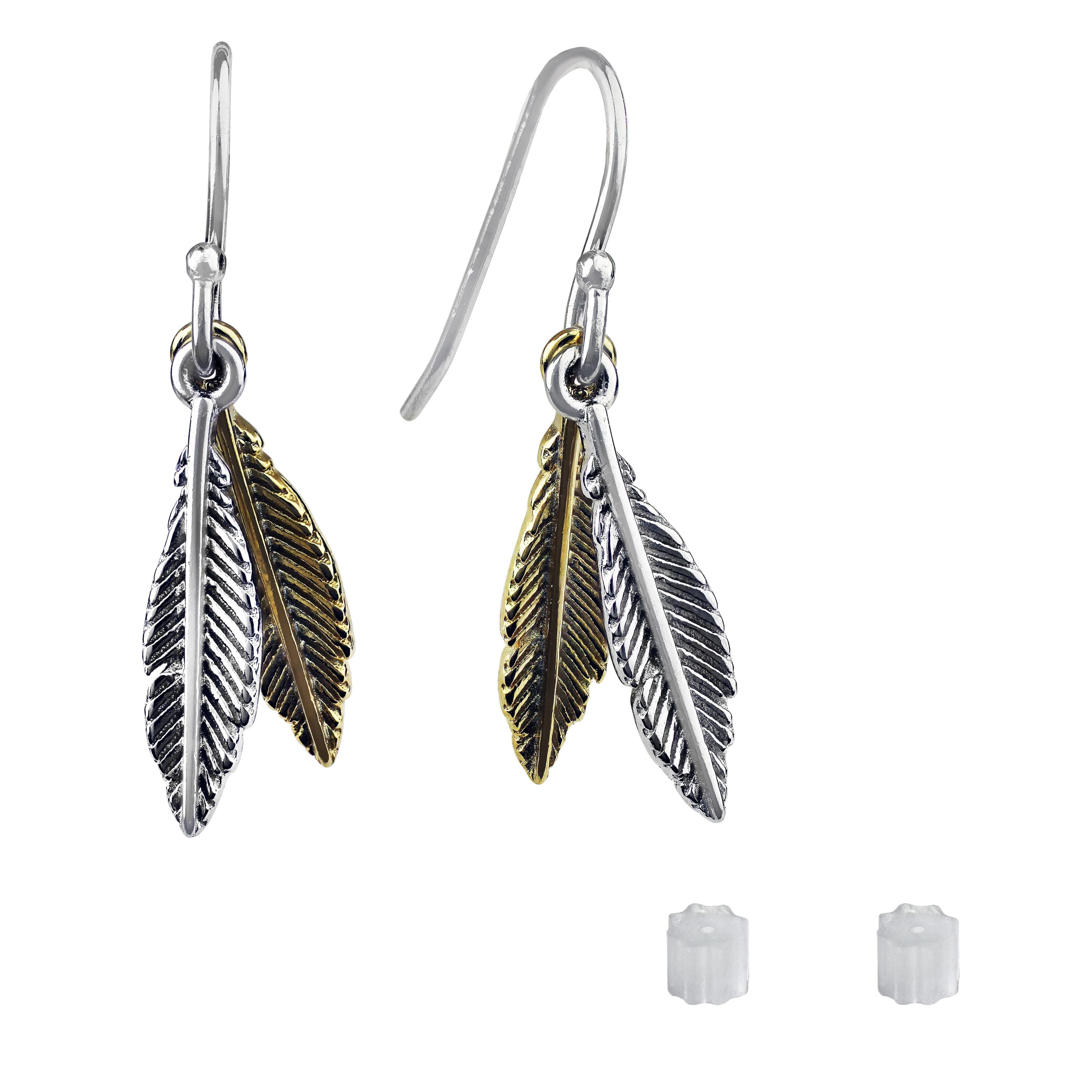 Brilliance Fine Jewelry Two-Tone Feather Earrings in Sterling Silver and 14KT Gold Flash