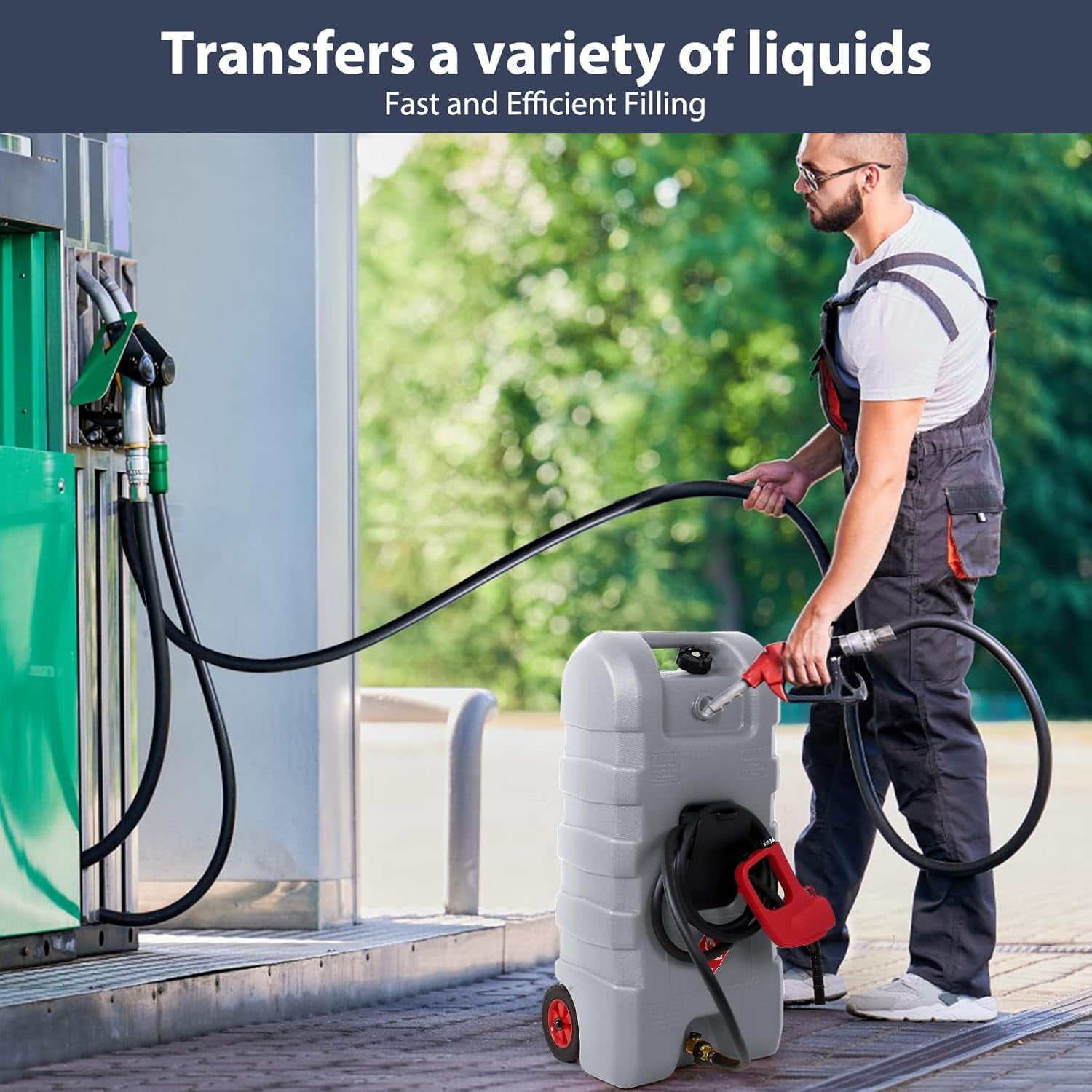 Riedhoff 15.06 Gallon Portable Gas Can, Fluid Transfer Siphon Pump & 10' Delivery Hose, Gray