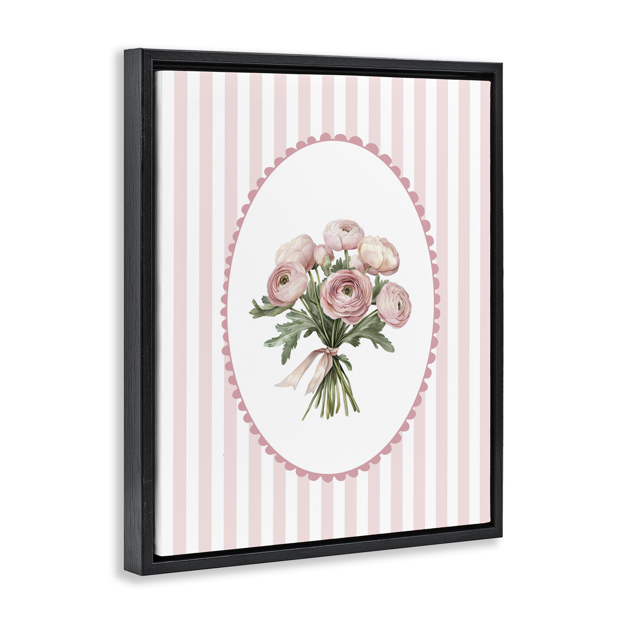 Peony Bouquet on Gentle Stripes Black Framed Floater Canvas Wall Art, design by Christine Simpson Art