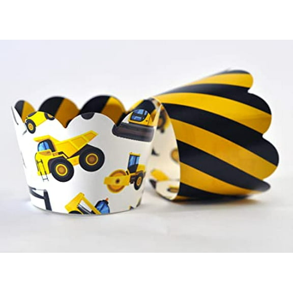 Construction Cupcake Wrappers for Kids birthday party supplies, Dig It parties, Builder parties. Set of 24 Reversible caution zone design to dump truck equipment print Scalloped Cup Cake hol