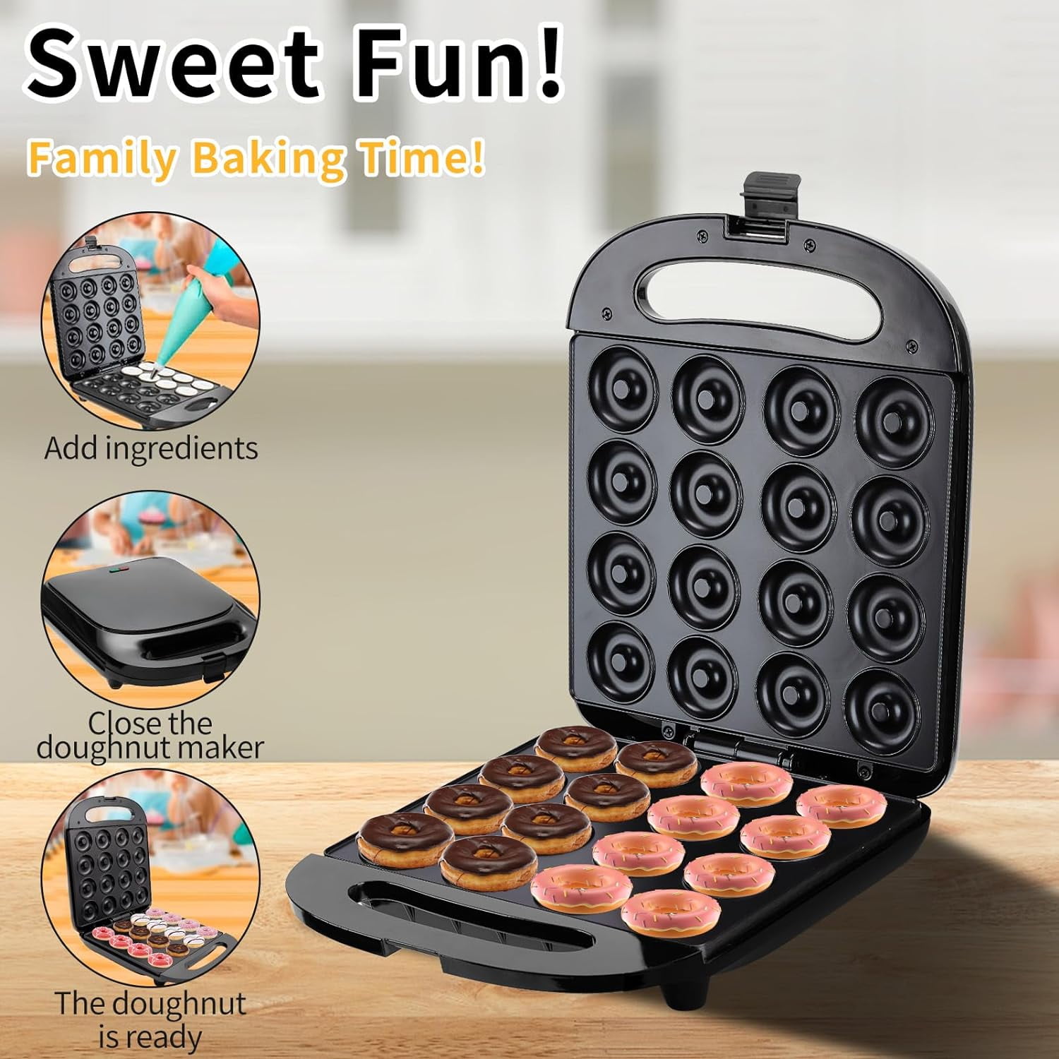 SAVALETOR Mini Donut Maker,Non Stick Donut Maker Machine,Mini Pancake Maker Machine Double Sided Heating ,16 Holes Mini Donuts For Home Baking Breakfast, Snacks, Desserts & More,Easy to Clean